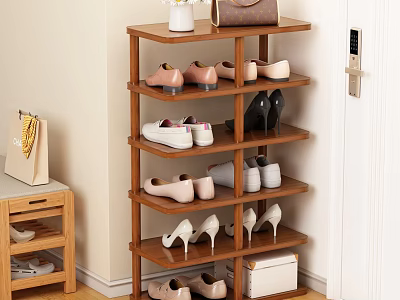 Multi tiered Wooden Shoe Rack With Shoes Handbag And Decor In Entryway 3d model