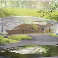 Tranquil Garden Landscape With Curved Stone Walls Pathway Sunlit Forest And People Walking