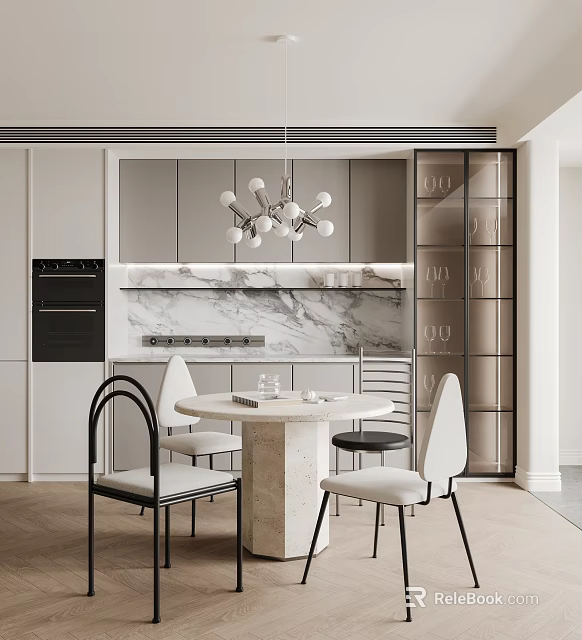 Modern Restaurant Featuring Gray Cabinets Marble Countertop Dining Table White Chairs And Glass Wine Cabinet 3d model 