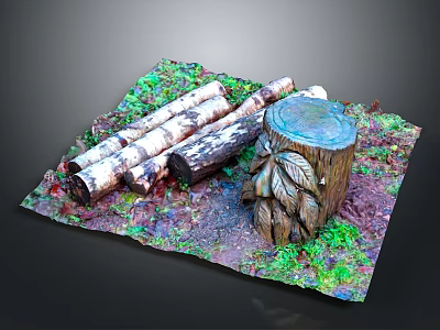 Rustic Wood Display Scene With Logs Carved Tree Stump And Mossy Grass Decorations 3d model