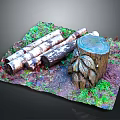 Rustic Wood Display Scene With Logs Carved Tree Stump And Mossy Grass Decorations