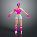 Game Movie Character with Pink Visor Crop Top Gray Shorts Pink Gloves and Striped Socks
