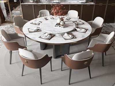 Elegant Modern Dining Table And Chair Set With Marble Top And Beige Brown Chairs 3d model