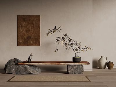 Natural Style Indoor Wooden Bench with Stone Base Bamboo Plant and Wall Art 3d model