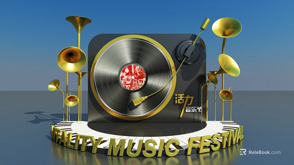 Vitality Music Festival Scene With Vinyl Record Golden Trumpets And Piano Keys Base 3d model 