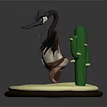 3D Bird Character In Cowboy Outfit With Red Scarf And Cactus On Round Base