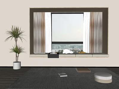 Cozy Bay Window Interior With City View Curtains And Potted Plant 3d model