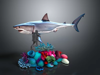 Realistic Shark Model Display With Colorful Coral Reef And Miniature Figure 3d model
