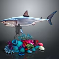 Realistic Shark Model Display With Colorful Coral Reef And Miniature Figure