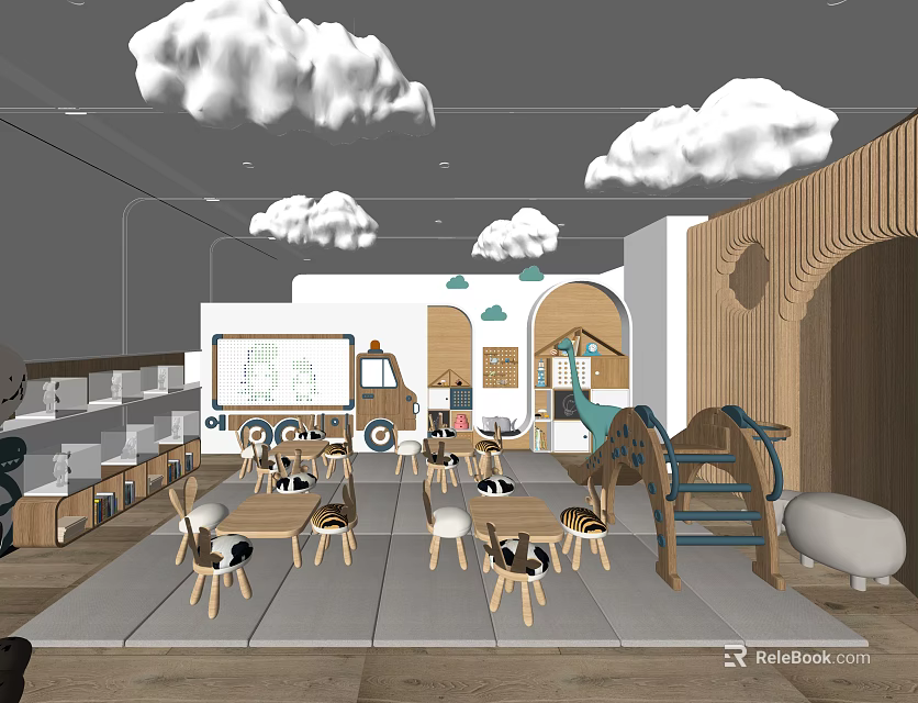 Colorful Kindergarten Space With Cloud Decorations Cartoon Elements Wooden Structures And Toys 3d model 