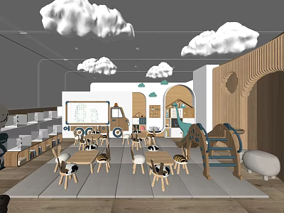 Colorful Kindergarten Space With Cloud Decorations Cartoon Elements Wooden Structures And Toys 3d model