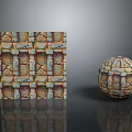 Square And Sphere Decorative Objects With Colorful Stone Tile Pattern On Gray Background With Reflections 3d model