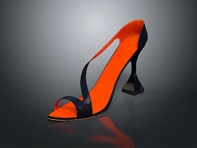 Open Toe High Heels With Black Straps And Orange Insole Square Heel Design 3d model