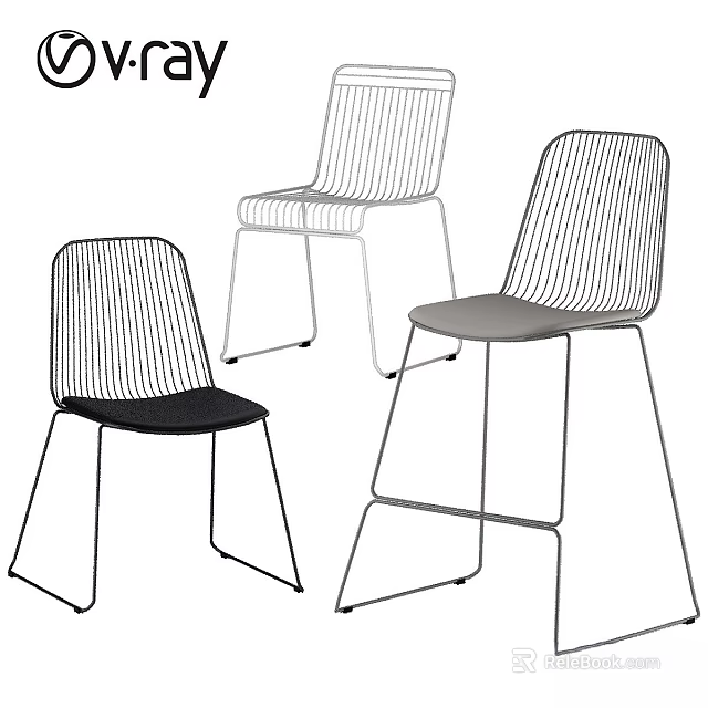 Modern Metal Wire Frame Chairs With Black Gray Seats And Backrest Design 3d model 