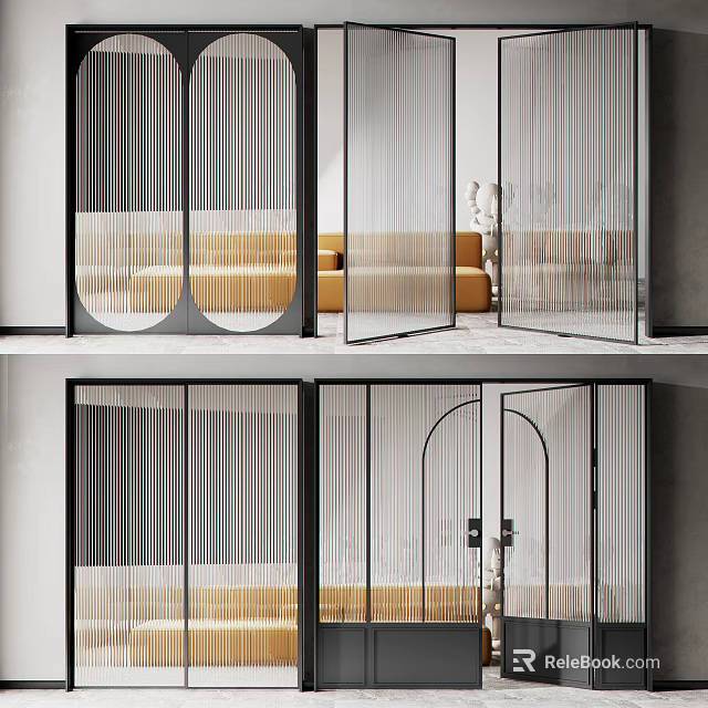 Contemporary Glass Partitions With Striped Patterns And Arched Frames In Interior Design 3d model 