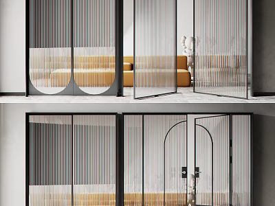 Contemporary Glass Partitions With Striped Patterns And Arched Frames In Interior Design 3d model