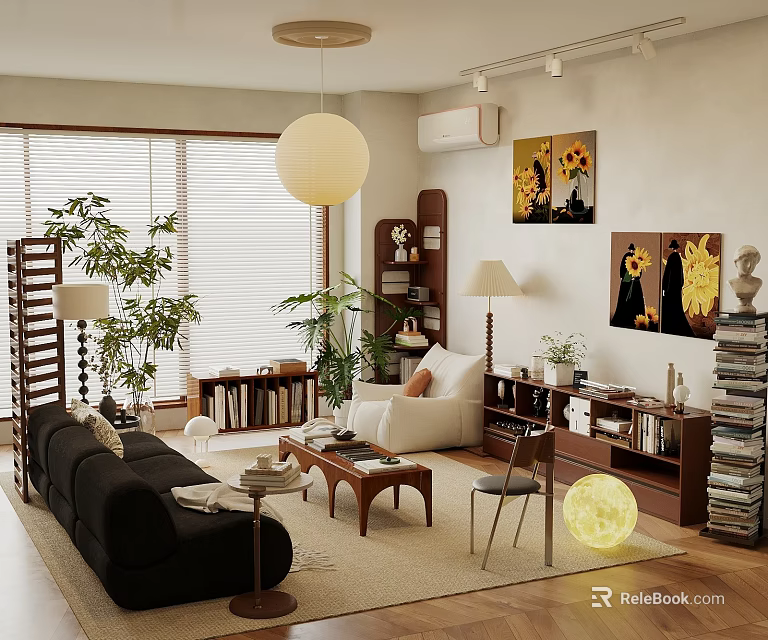 Cozy Warm Toned Living Room With Retro Wooden Furniture Soft Sofa And Fresh Green Plants 3d model 