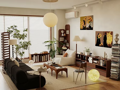 Cozy Warm Toned Living Room With Retro Wooden Furniture Soft Sofa And Fresh Green Plants 3d model