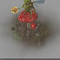 Green Winged Creature Holding Glowing Orb On Red Spotted Mushroom With Small Mossy Mushrooms