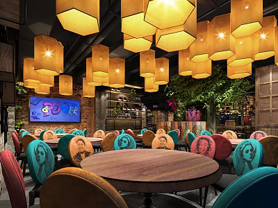 Vibrant Hotpot Restaurant Interior With Yellow Pendant Lights Colorful Chairs Round Tables And Green Plants 3d model