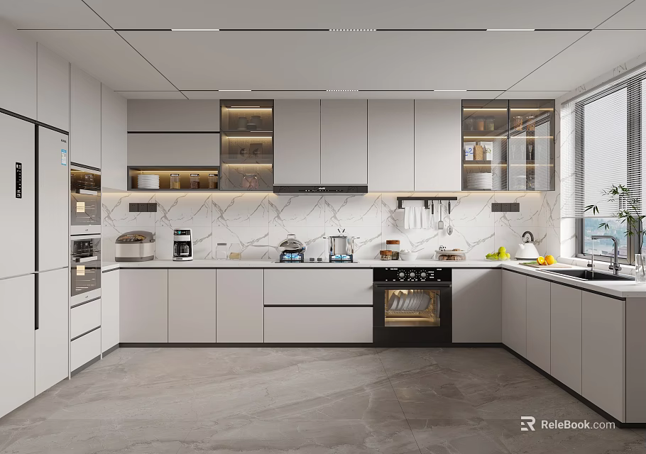 Modern Kitchen Interior With White Cabinets Marble Countertops And Built In Appliances 3d model 