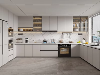 Modern Kitchen Interior With White Cabinets Marble Countertops And Built In Appliances 3d model