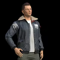 Man Wearing Blue Jacket With Fleece Collar White T-shirt Necklace White Emblems And Red Button