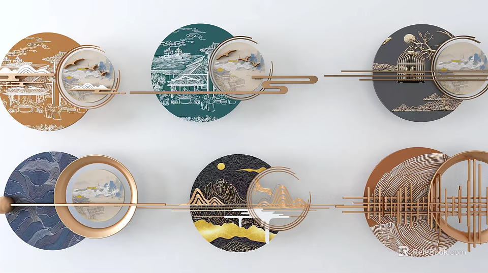 Modern Luxury Circular Wall Decor with Landscape Patterns and Golden Frames 3d model