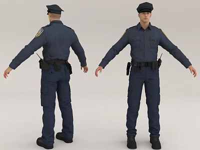 Man in Dark Blue Police Uniform Displaying Front and Back Views with Gear 3d model