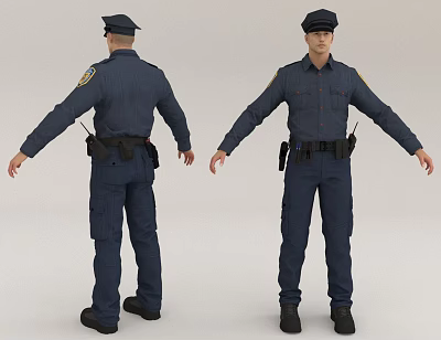 Man in Dark Blue Police Uniform Displaying Front and Back Views with Gear 3d model Man in Dark Blue Police Uniform Displaying Front and Back Views with Gear 3d model