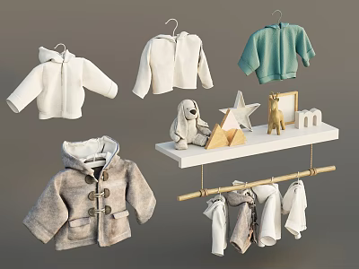 Adorable Baby Clothes Including Hooded Jackets Sweaters and Coats on Hangers with Small Toys 3d model