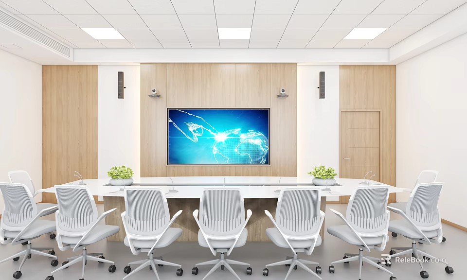 Modern Conference Room With Long Table White Chairs Large Screen Wooden Walls And Green Plants 3d model 