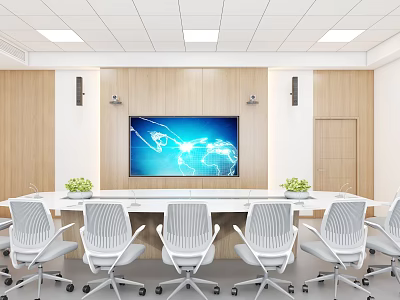 Modern Conference Room With Long Table White Chairs Large Screen Wooden Walls And Green Plants 3d model