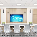Modern Conference Room With Long Table White Chairs Large Screen Wooden Walls And Green Plants