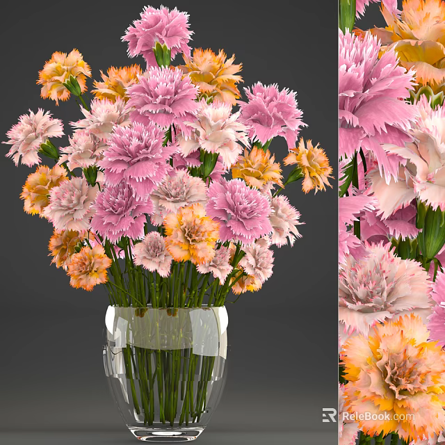 Beautiful Pink And Orange Carnations In Transparent Glass Vase Arrangement 3d model 