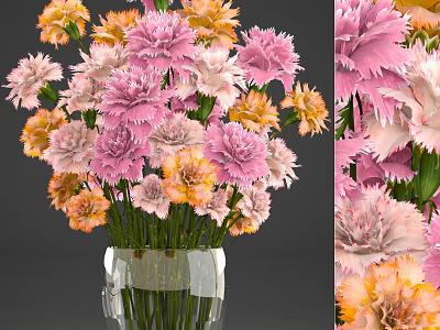 Beautiful Pink And Orange Carnations In Transparent Glass Vase Arrangement 3d model