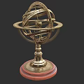 Vintage Brass Armillary Sphere With Intricate Metal Structure And Red Wooden Base