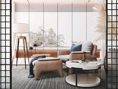 Modern Single Sofa in Living Room with Ottoman Round Coffee Table Floor Lamp Window View 3d model