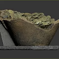Ancient Coins Collection in Broken Pottery Bowl on Gray Base Display Stand