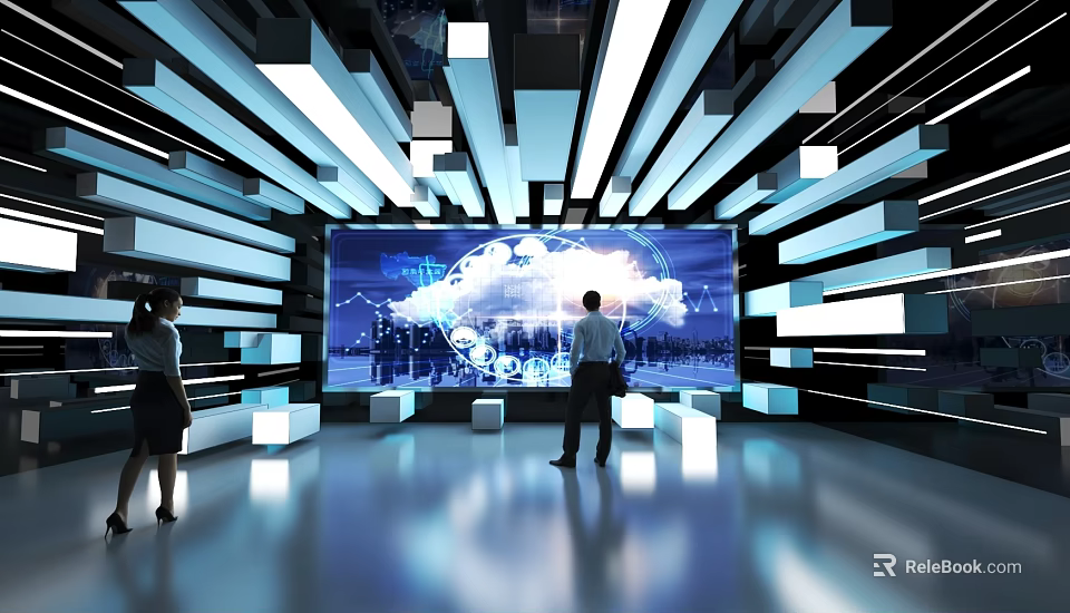 Futuristic Tech Exhibition Space With Large Digital Screen And Geometric Lighting 3d model 