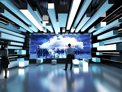 Futuristic Tech Exhibition Space With Large Digital Screen And Geometric Lighting 3d model