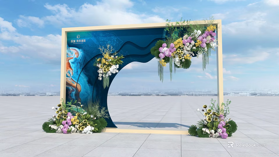 Beautiful Photo Check In Spot With Wooden Frame Blue Background And Colorful Flower Decorations 3d model 