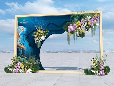 Beautiful Photo Check In Spot With Wooden Frame Blue Background And Colorful Flower Decorations 3d model