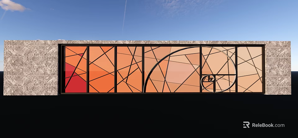 Colorful Stained Glass Feature Wall With Geometric Patterns Against Blue Sky 3d model 