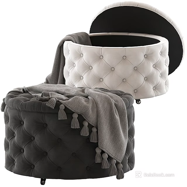 Gray And White Velvet Button Tufted Ottomans With Throw Blanket Decor 3d model 
