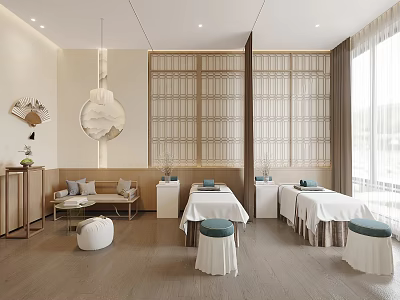 Hospital Outpatient Clinic Warm Modern Environment With Treatment Beds Blue Stools And Wooden Partitions 3d model