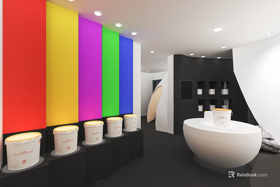 Colorful Paint Store Interior With Vibrant Walls Paint Buckets Display Shelves And White Counter 3d model 