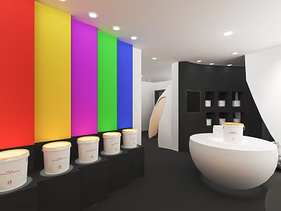 Colorful Paint Store Interior With Vibrant Walls Paint Buckets Display Shelves And White Counter 3d model