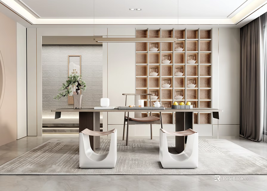 Modern Tea Room Interior Design With Long Table Bookshelf Decorations And Plants 3d model 