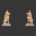 Traditional Stone Lion Statues Terracotta Colored With Gray Square Bases Paired On Black Reflective Surface